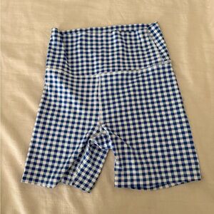 Blue and White Gingham High-Waist Biker Shorts